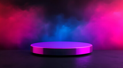 Blank podium mockup in futuristic style. Neon-lit circular platform against a vibrant smoky backdrop in shades of pink and blue.