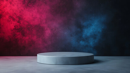 Blank podium mockup in futuristic style. A circular platform against a vibrant, cosmic background of pink and blue hues.