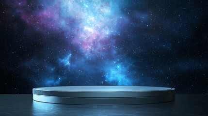 Blank podium mockup in futuristic style. Futuristic platform under a starry galaxy, creating a vibrant cosmic atmosphere.