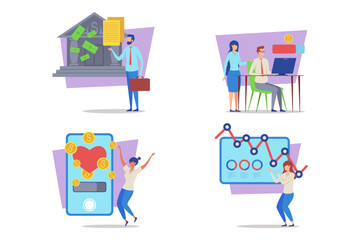 Collection of four illustrations showing business and financial activities. Bank transactions, online teamwork, mobile finance management, and data analysis for decision making