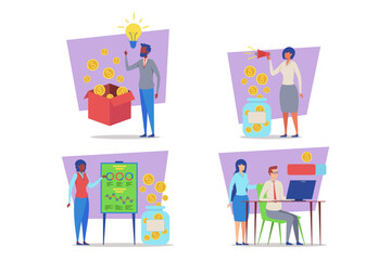 Creative illustrations of various business concepts, including generating ideas, data analysis, and managing finances. Entrepreneurial activities concept