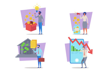 Illustrations of financial activities, including investment, saving, banking, and market decline. Characters engaged in thoughtful consideration of money management and economic changes