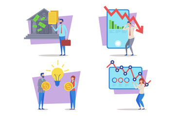 Collection of four illustrations focusing on financial themes including banking, marketing trends, investment strategies, and innovative ideas