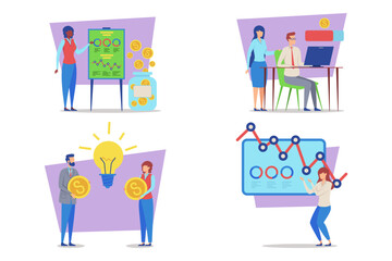 Individuals engaged in various business activities, including presentations, discussions, and analysis. People exploring finance, ideas, and data to enhance their strategies and proposals