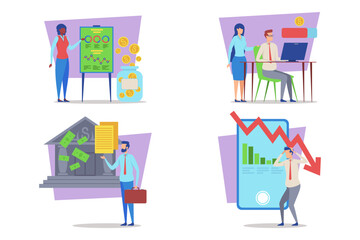 Various individuals engaged in business concepts related to finance, investment strategies, and economic trends. Teamwork, presentations, and financial analysis activities concept