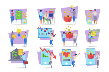Various illustrations of people engaging in financial activities, including budgeting, investing, and analyzing market trends. Insights into economic themes