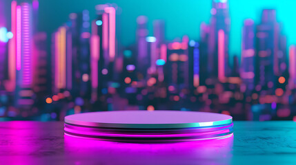 Blank podium mockup in futuristic style. A vibrant urban scene with a glowing circular podium against a colorful city skyline.