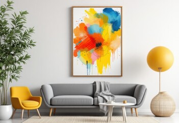 Vibrant abstract art piece displayed in a modern living room.