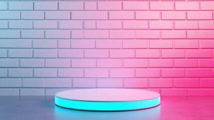 Blank podium mockup in futuristic style. Empty circular platform against a gradient brick wall, illuminated with blue and pink lighting.