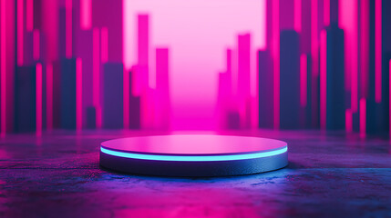 Blank podium mockup in futuristic style. Vibrant futuristic stage with neon lights and geometric structures in the background.