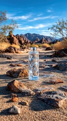 Clear bottle in desert landscape