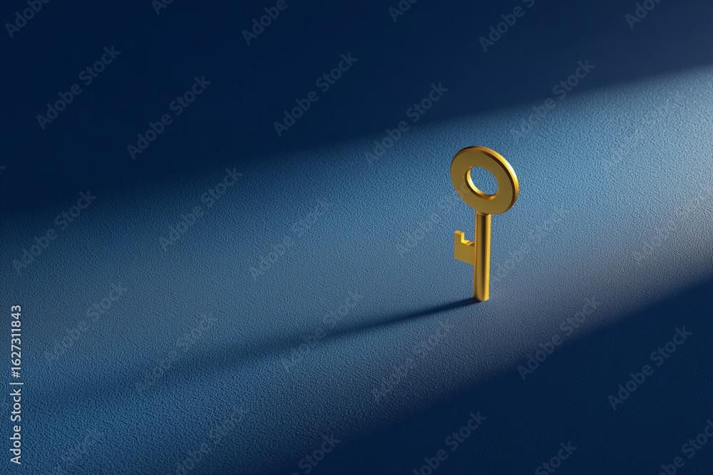 Poster 3d minimalist golden key suspended above a matte deep blue floor symbolic of inaccessible answers or