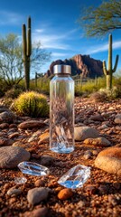 Clear bottle with crystals in desert