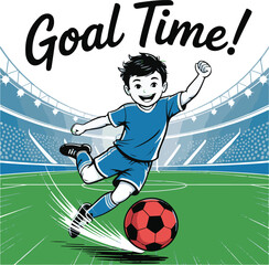 Happy Boy Playing Soccer Vector  Youth Athlete in Stadium Scene