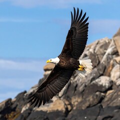 Obraz premium Bald eagle soaring over rocky outcrop