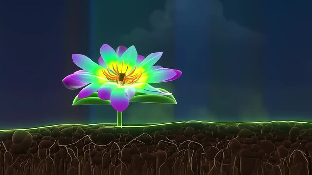 Animated time-lapse of a colorful flower growing from a tiny seed to full bloom