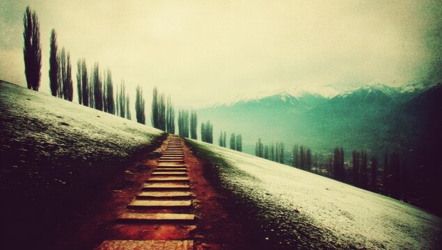A path of steps ascends a snowy hill to a misty mountain range - Powered by Adobe