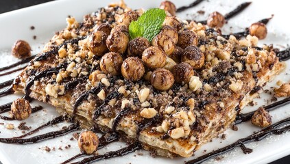 Layered waffle topped with chocolate sauce, nuts, and macadamia