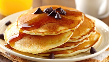 Stack of golden pancakes drizzled with syrup, topped with chocolate chips