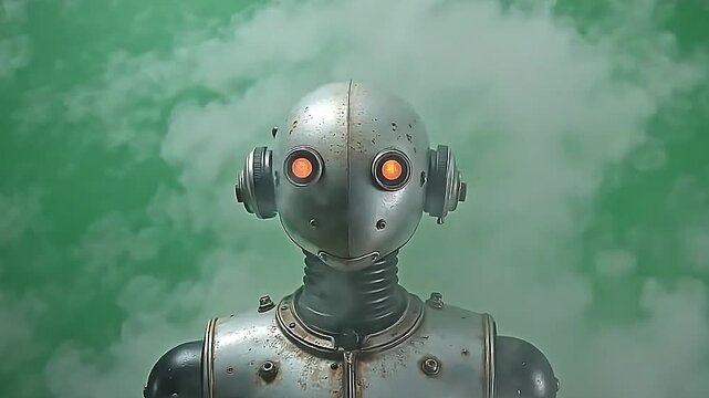 The steam-powered robot vents explode steam blast scene violently, the swirling steam sharply outlined against a consistent green background.