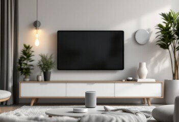 Modern living room interior with television and audio equipment.