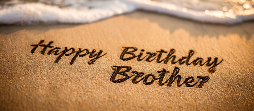 Happy Birthday Brother Handwritten in Wet Beach Sand with Minimalist One-Line Brothers High-Fiving Drawing – Wide Format for Banners