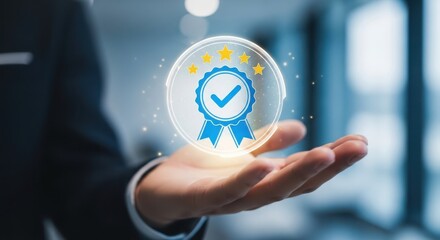 Businessman holding virtual quality guarantee icon for product assurance concept