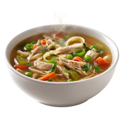 Delicious chicken noodle soup with vegetables, featuring tender chicken, carrots, peas, and herbs in savory broth. Perfect for comforting meal