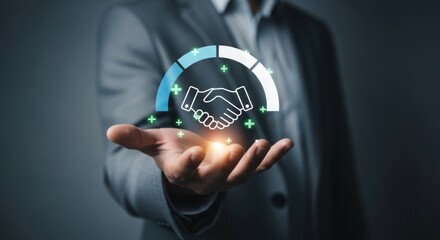 Businessman holding virtual handshake icon, business deal and partnership concept