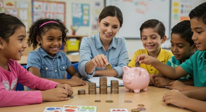 Children Learning About Savings with Teacher and Piggy Bank. - Powered by Adobe