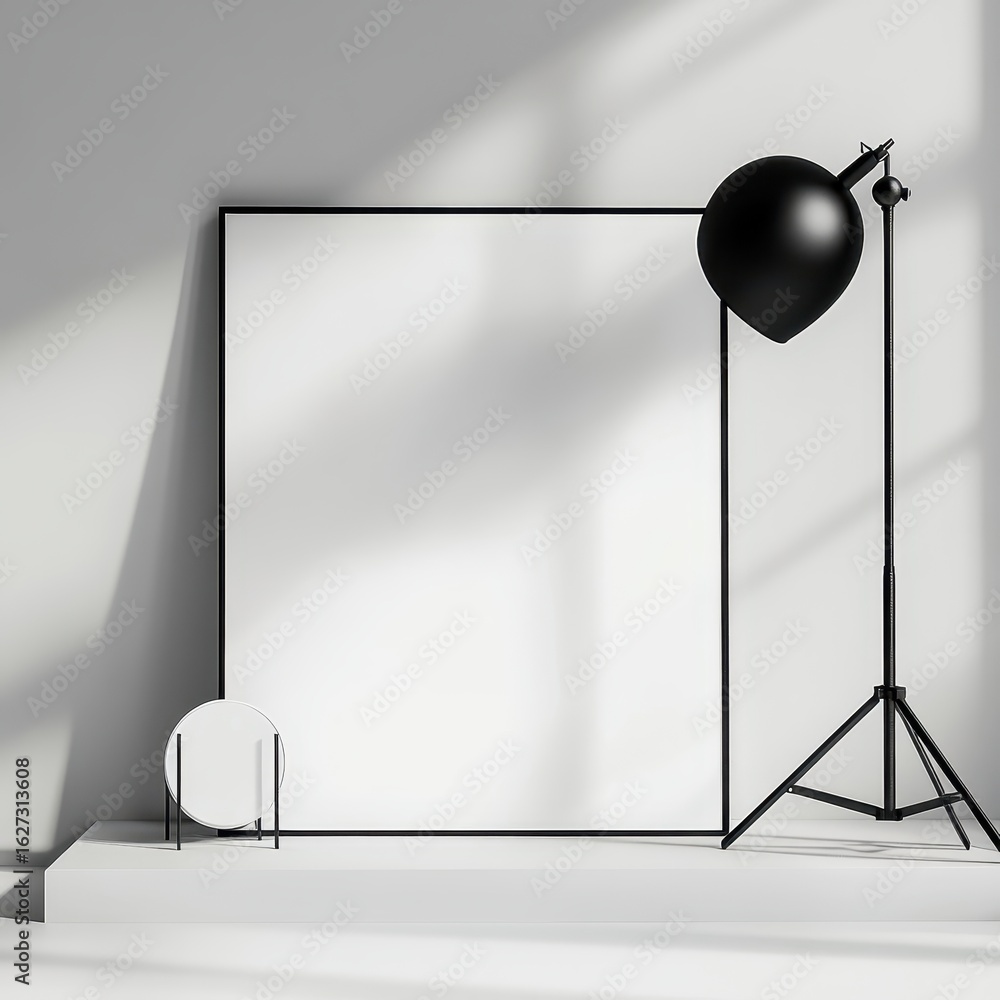 Poster minimalist setting with blank canvas and spotlight.