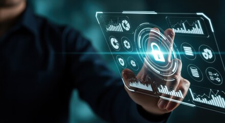 Man touching digital screen with padlock icon for cybersecurity concept