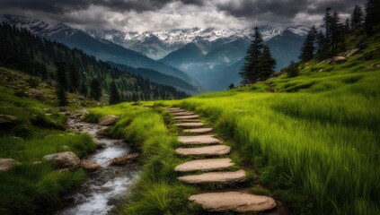 Mountain path through lush valley, stone steps, snowy peaks