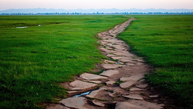 A weathered path through a grassy plain