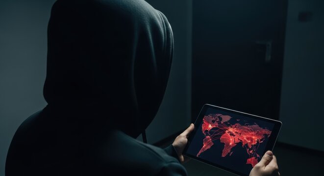 Global Cyber Threat: Hacker Visualizing Network Attacks on Tablet with World Map Connection