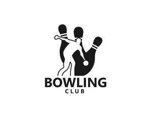 creative bowling logo, shadow of a person playing bowling inside the bowling pins logo design inspiration
