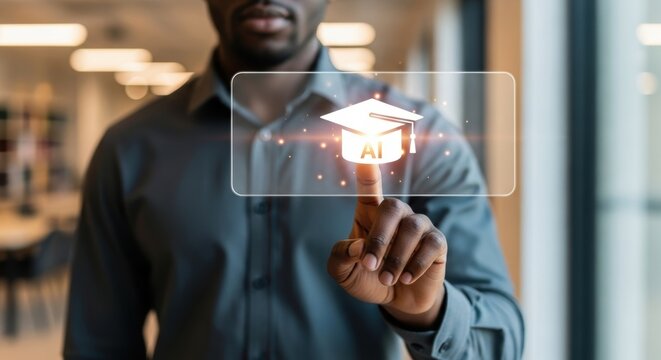 African American Man Touches Graduation Cap Icon on Virtual Interface