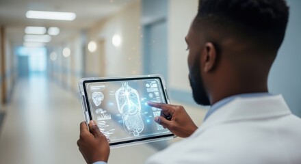 African American doctor using holographic interface for medical analysis in hospital, showcasing technology