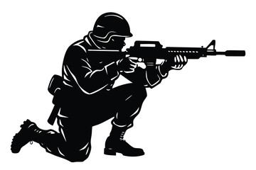 Fototapeta premium Silhouette Illustration Soldier Crouching and Aiming Rifle in Full Gear, Black and White