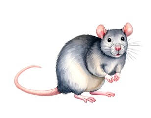 A cheerful gray rat, watercolor painted, sits on white