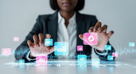 African American businesswoman analyzes holographic data projections for financial growth and technology innovation.