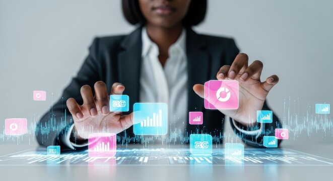 African American businesswoman analyzes holographic data projections for financial growth and technology innovation.