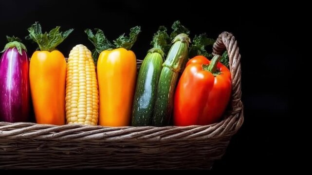 Colorful Flat Lay of Fresh Organic Purple Eggplants Yellow Corn and Green Cucumbers Arranged in Rows Healthy Vegetable Pattern