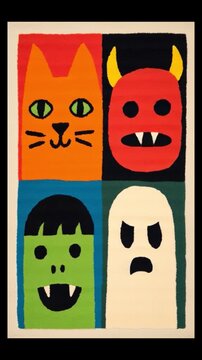 Experimental animation, funny faces, 2d retro, old school, video game style art in primary colors with faces and cartoon elements, ghost, cat, monster, halloween, old video game, tv screen