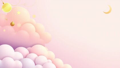 Dreamy pink pastel sky with fluffy clouds and celestial golden accents design