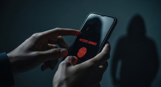 Fingerprint Access Denied on Smartphone with Cyber Threat in the Shadows Shows Security