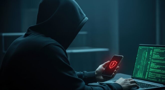 Hooded Hacker Breaching Cybersecurity with Smartphone and Laptop, Threat Detected