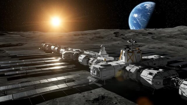 Lunar Colony with Earth in the Background - This video showcases a futuristic lunar colony located on the moon's surface, highlighted by solar panels and habitable modules.