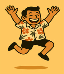 A joyful young man leaps with arms raised in a tropical floral shirt, flashing a big smile mid-jump. His cheerful pose and bold styling radiate funky beach vibes against a warm solid background.