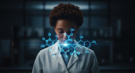 African American scientist analyzes holographic molecule structure in a modern lab setting